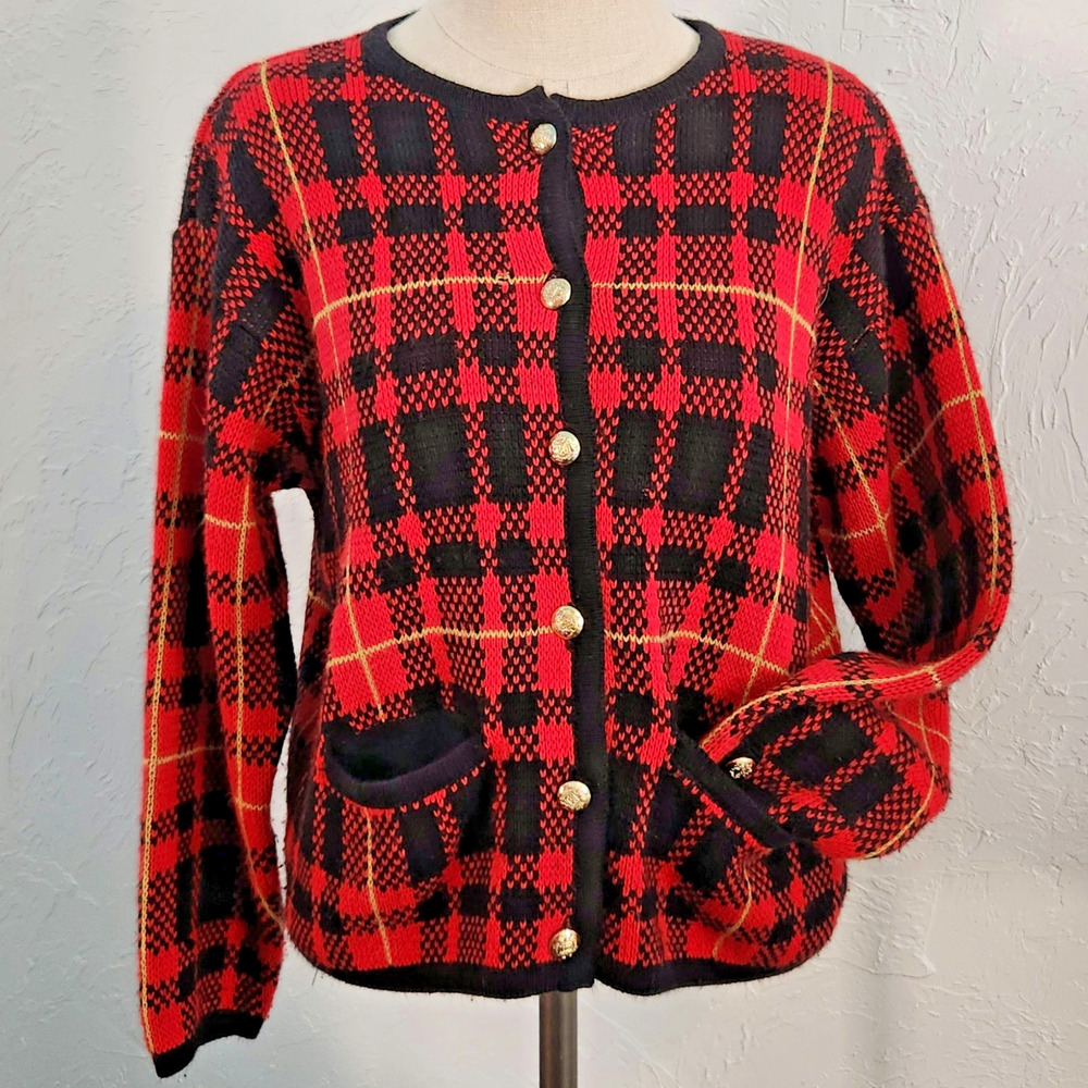 Karen Scott Petites Plaid Wool Blend Cardigan PL Red Black Gold Buttons